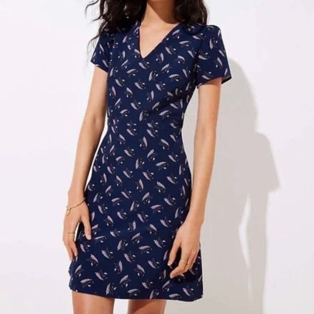 ANN TAYLOR LOFT Navy Blue Feather Print Dress V-Neck Cap Sleeve Boho Fit & Flare